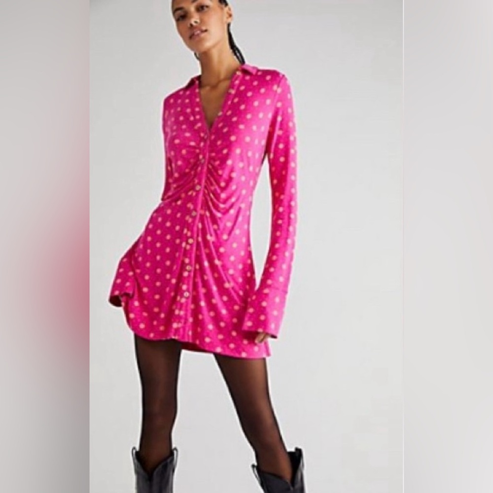 Free People Shayla Mini Dress Women's Pink Polka Dot Button Down Size XS